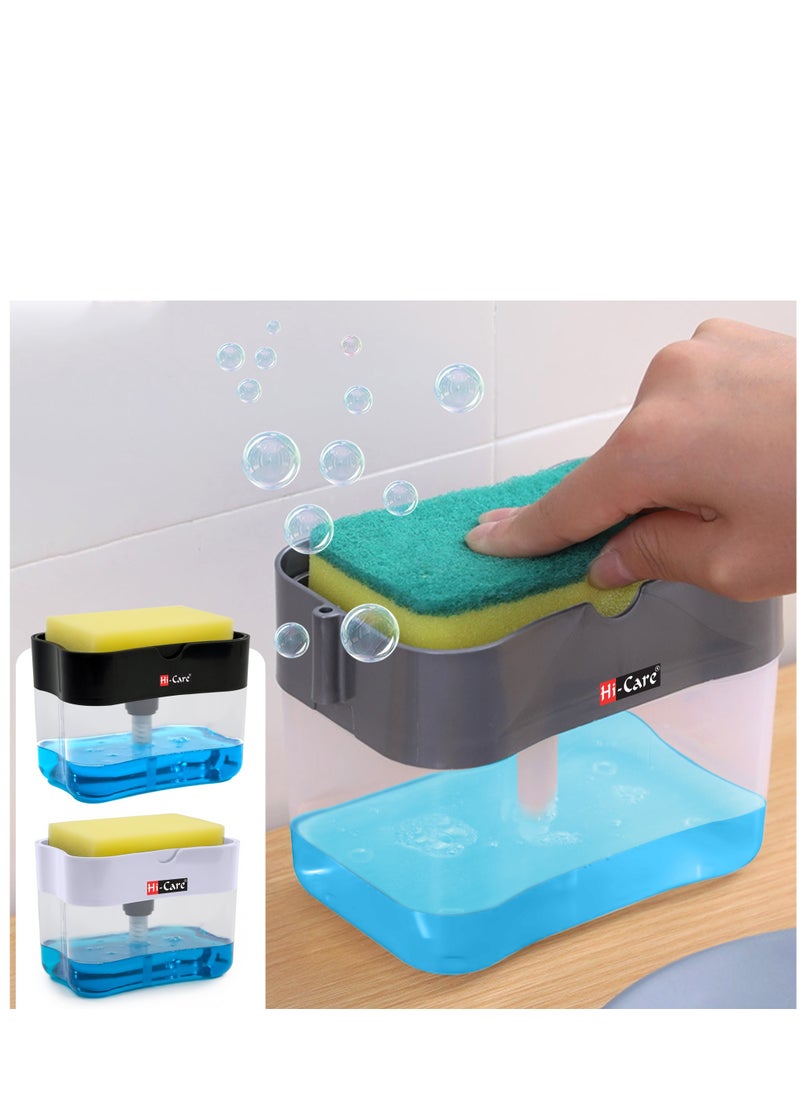 [Pack of 3 pcs] 2-In-1 Soap Pump Dispenser & Sponge Holder Kitchen Sink Washing Soap Dispenser Dishwashing Dispensers with Sponge One-Handed Operation Instant Refill Dish Soap Dispenser