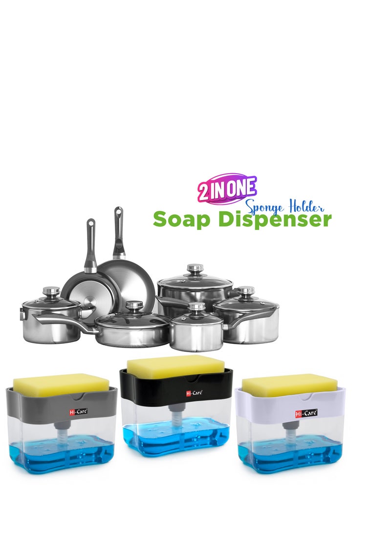 [Pack of 3 pcs] 2-In-1 Soap Pump Dispenser & Sponge Holder Kitchen Sink Washing Soap Dispenser Dishwashing Dispensers with Sponge One-Handed Operation Instant Refill Dish Soap Dispenser