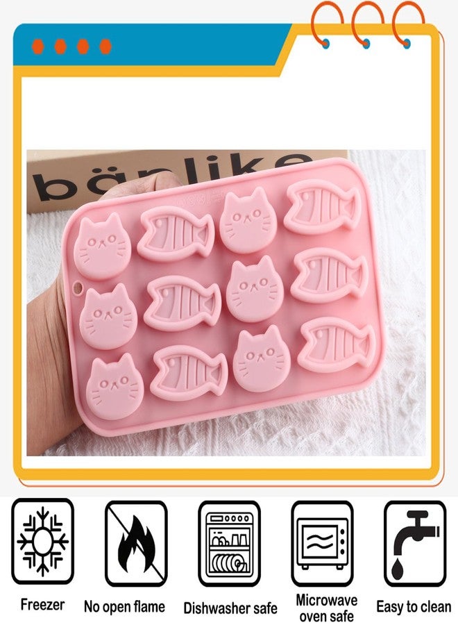 YIMINGMOLD قوالب سيليكون YIMINGMOLD على شكل قطة وسمكة، 12 تجويفًا، قالب حلوى صغير على شكل سمكة وقط، مناسب للحلوى والشوكولاتة - Image 3