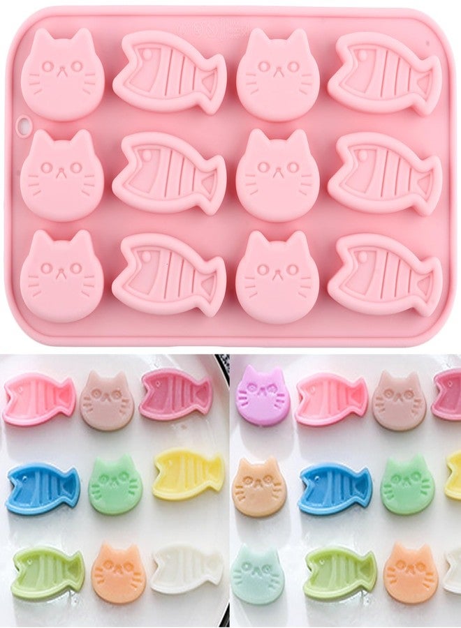YIMINGMOLD قوالب سيليكون YIMINGMOLD على شكل قطة وسمكة، 12 تجويفًا، قالب حلوى صغير على شكل سمكة وقط، مناسب للحلوى والشوكولاتة - Image 1