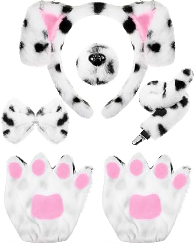 Syhood Puppy Dog Costume Set Kids Dog Ears Headband Bowtie Nose Tail Paw Gloves Puppy Costume Accessories for Carnival White - Image 1