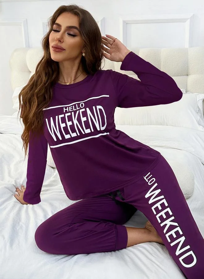 Take Two Take Two Slogan Print Long Sleeve T-Shirt and Cuffed Pyjama Set