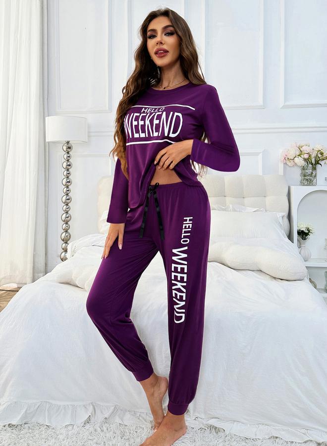 تايك تو طقم تيشيرت بأكمام طويلة بطبعة عبارة مع بنطال برباط - Image 4