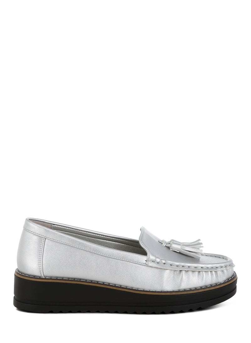 London Rag Metallic Tassel Detail Loafers in Silver  - Image 1