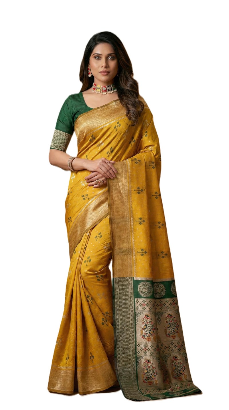 C J Enterprise Women's Banarasi Saree Pure Kanjivaram Silk Saree Soft Design Wear Pattu Sarees Latest Cotton With Blouse Piece Kanchipuram for Wedding sadi new ladies 2025 (Tree) (Yellow Green) - Image 1