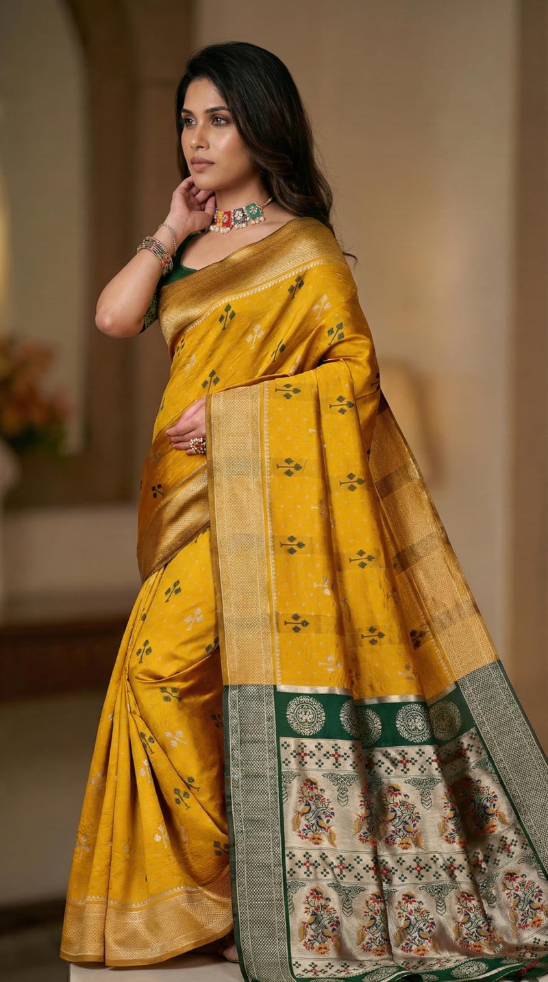 C J Enterprise Women's Banarasi Saree Pure Kanjivaram Silk Saree Soft Design Wear Pattu Sarees Latest Cotton With Blouse Piece Kanchipuram for Wedding sadi new ladies 2025 (Tree) (Yellow Green) - Image 5