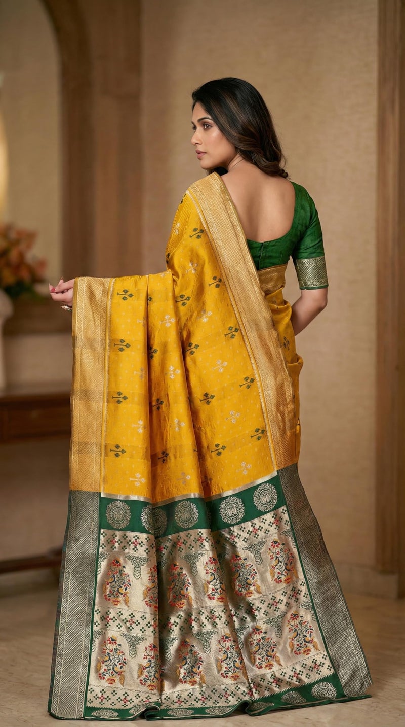C J Enterprise Women's Banarasi Saree Pure Kanjivaram Silk Saree Soft Design Wear Pattu Sarees Latest Cotton With Blouse Piece Kanchipuram for Wedding sadi new ladies 2025 (Tree) (Yellow Green) - Image 2