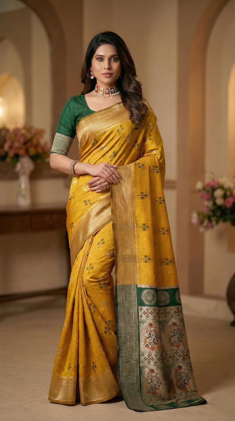 C J Enterprise Women's Banarasi Saree Pure Kanjivaram Silk Saree Soft Design Wear Pattu Sarees Latest Cotton With Blouse Piece Kanchipuram for Wedding sadi new ladies 2025 (Tree) (Yellow Green) - Image 3