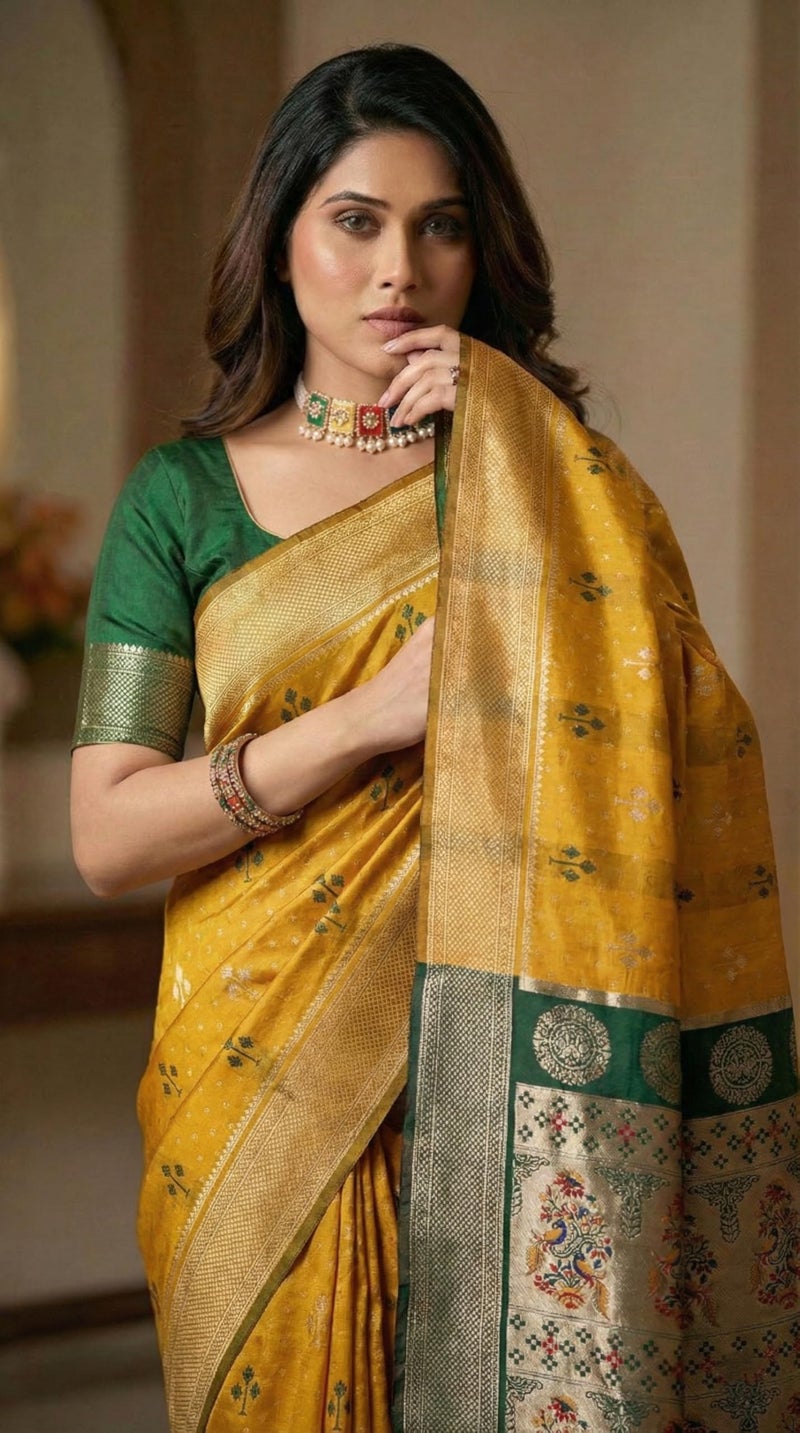 C J Enterprise Women's Banarasi Saree Pure Kanjivaram Silk Saree Soft Design Wear Pattu Sarees Latest Cotton With Blouse Piece Kanchipuram for Wedding sadi new ladies 2025 (Tree) (Yellow Green) - Image 4