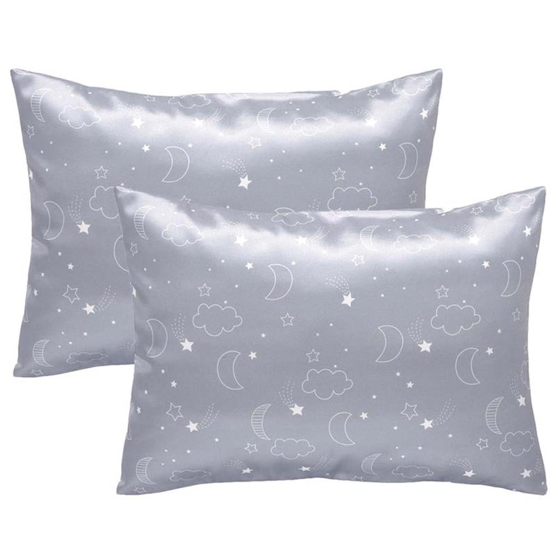 Winmany 2 Pack Toddler Pillow Cases Baby Silk Satin Pillowcases 49 x 36cm Cot Bed Envelope Pillow Cover Kids Soft Travel Pillow Pair Cases for Boys Girls Machine Washable (Grey Cloud Moon) - Image 1