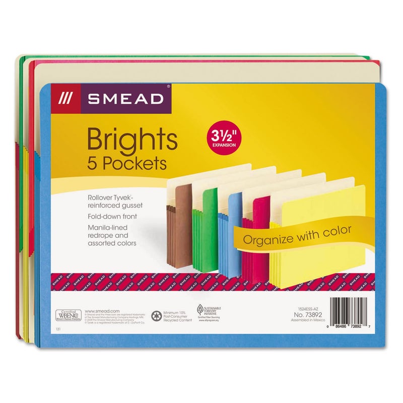 Smead File Pocket, Straight-Cut Tab, 3-1/2" Expansion, Letter Size, Assorted Colors, 5 per Pack (73892) - Image 5