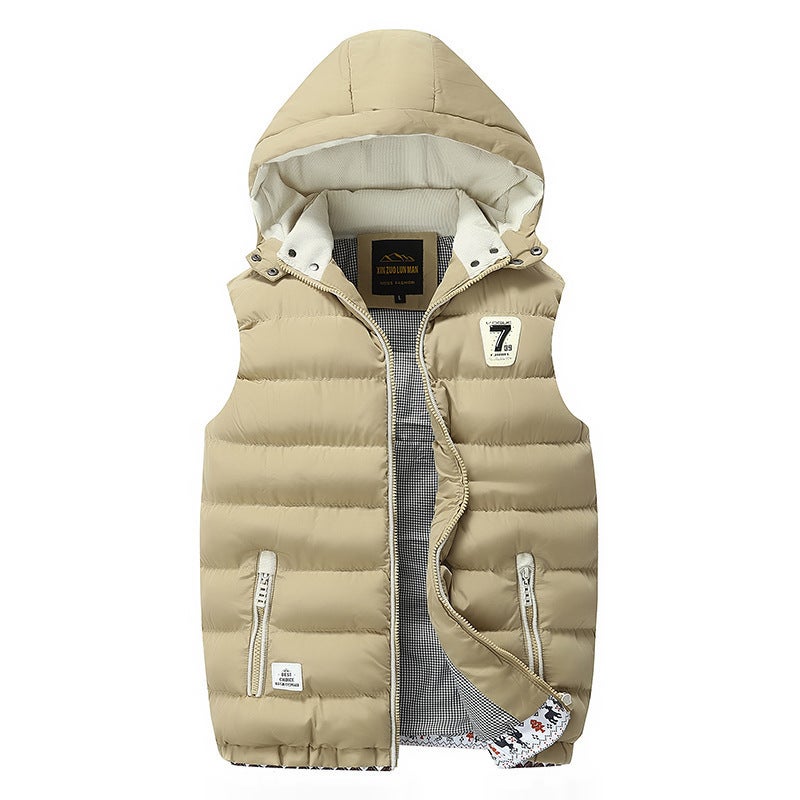 AliExpress Mens Solid Color Hooded Simple Down Cotton Vest Handsome Fashion Cardigan Youth Waistcoat Khaki - Image 1