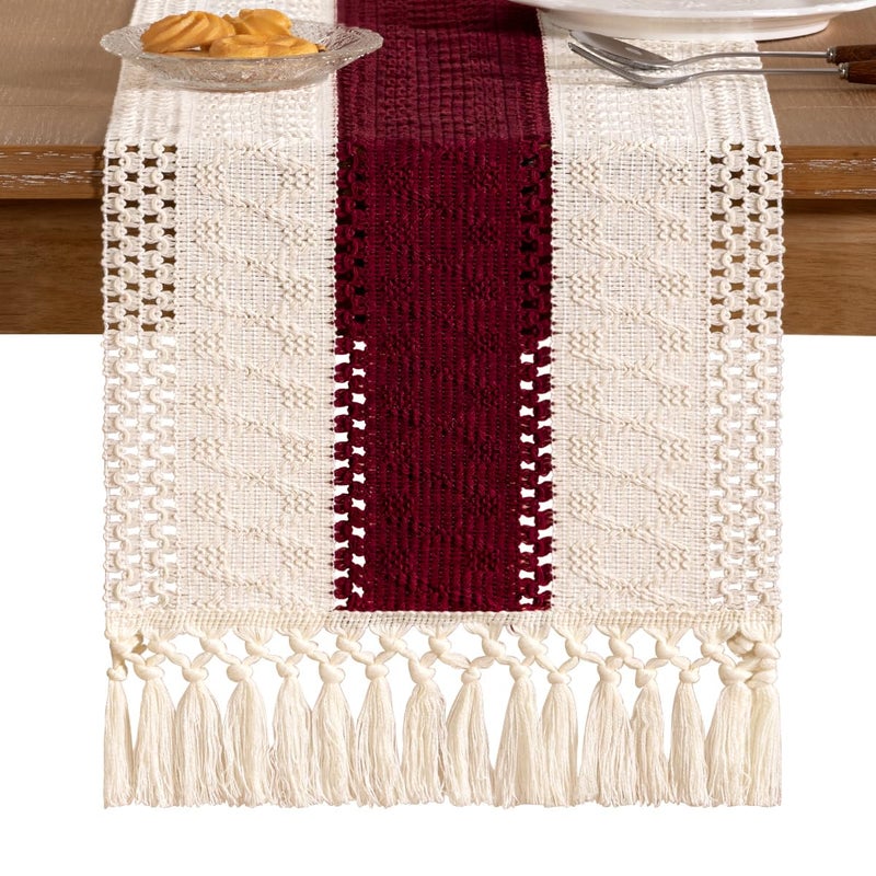 Socomi Boho Table Runner Valentine's Day Farmhouse Rustic Dining Kitchen Centerpiece Decor Small Macrame Woven Cotton Linen Coffee Table Runner for Dresser Scarf Home Decor 12x48 in Burgundy Ivory - Image 3