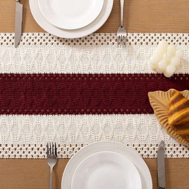 Socomi Boho Table Runner Valentine's Day Farmhouse Rustic Dining Kitchen Centerpiece Decor Small Macrame Woven Cotton Linen Coffee Table Runner for Dresser Scarf Home Decor 12x48 in Burgundy Ivory - Image 5
