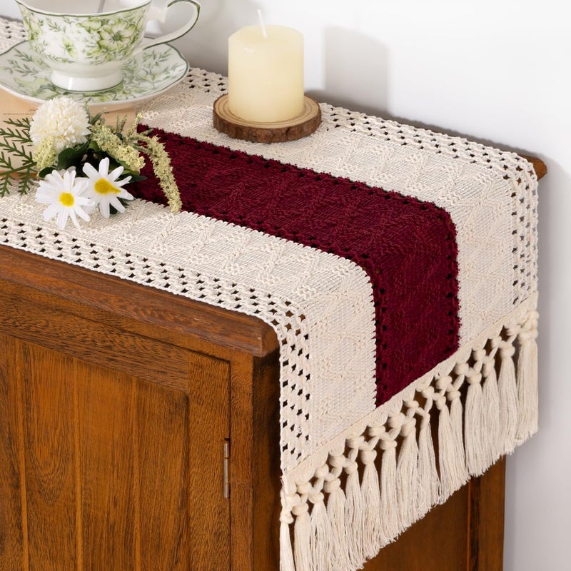 Socomi Boho Table Runner Valentine's Day Farmhouse Rustic Dining Kitchen Centerpiece Decor Small Macrame Woven Cotton Linen Coffee Table Runner for Dresser Scarf Home Decor 12x48 in Burgundy Ivory - Image 2