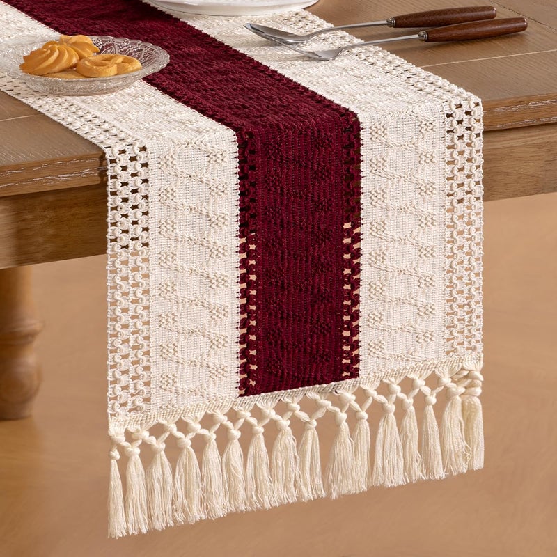 Socomi Boho Table Runner Valentine's Day Farmhouse Rustic Dining Kitchen Centerpiece Decor Small Macrame Woven Cotton Linen Coffee Table Runner for Dresser Scarf Home Decor 12x48 in Burgundy Ivory - Image 4
