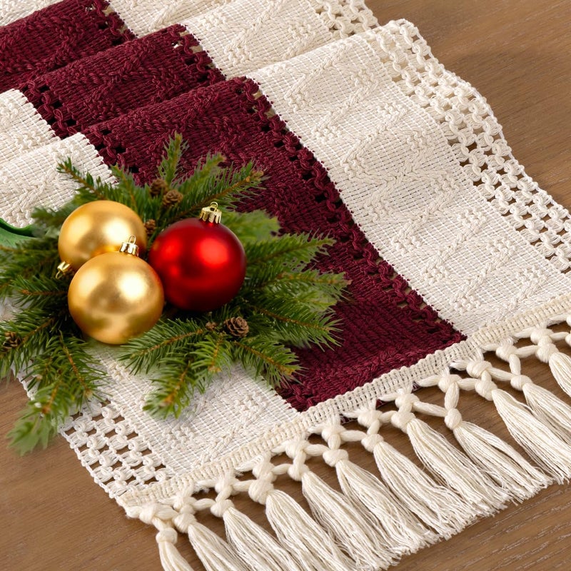 Socomi Boho Table Runner Valentine's Day Farmhouse Rustic Dining Kitchen Centerpiece Decor Small Macrame Woven Cotton Linen Coffee Table Runner for Dresser Scarf Home Decor 12x48 in Burgundy Ivory - Image 1