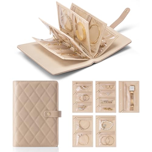 VLANDO Travel Jewelry Organizer CaseJewelry Storage Book Ring Binder with Clear Zipper Velvet Pouch Bag for TravelingRingsNecklaceEarringsBraceletsBroochesToffee - Image 1