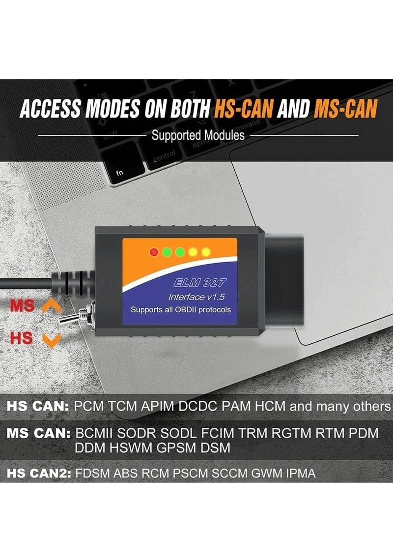 كينج بولين محول USB ELM327 OBD2، أداة فحص تشخيصية OBDII، مناسبة لسيارات فورد ومازدا ولينكولن وسيارات 12 فولت، ماسح ضوئي ELMconfig، مع مفتاح MS CAN/HS CAN، تشخيص على نظام Windows - Image 3