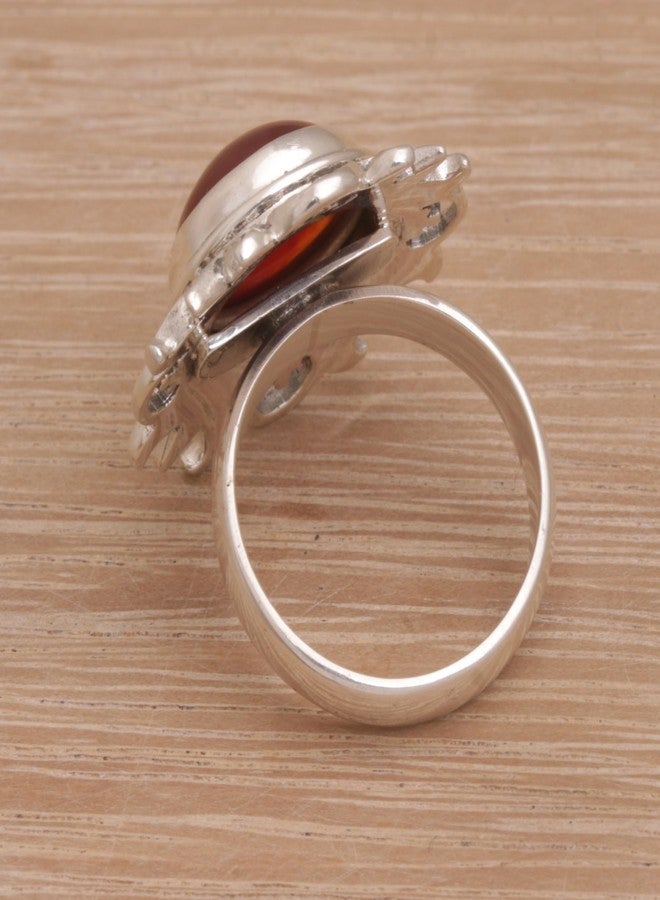 نوفيكا خاتم كوكتيل من العقيق الأحمر مصنوع يدويًا من نوفيكا، مستوحى من الشمس، مصنوع من الفضة الإسترليني، حجر بخت إندونيسي أحمر [إطار تاجي 0.5 بوصة طول × 0.5 بوصة عرض × 0.4 بوصة ارتفاع، عرض السوار 4 مم] "نور الكون" - Image 3