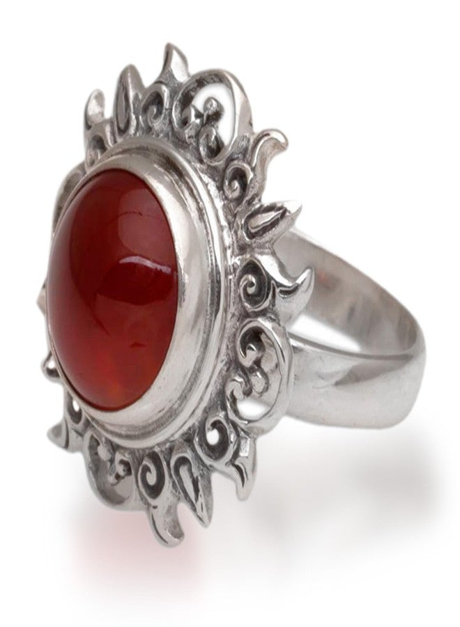 نوفيكا خاتم كوكتيل من العقيق الأحمر مصنوع يدويًا من نوفيكا، مستوحى من الشمس، مصنوع من الفضة الإسترليني، حجر بخت إندونيسي أحمر [إطار تاجي 0.5 بوصة طول × 0.5 بوصة عرض × 0.4 بوصة ارتفاع، عرض السوار 4 مم] "نور الكون" - Image 1