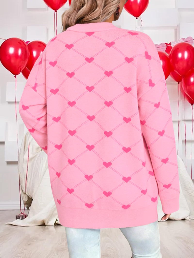 LUKYCILD Valentine Cardigan Sweaters for Women Button Down Sweater with Pockets Cute Heart Print Open Front Knit Cardigan Funny Love Sweater Coat Pink - Image 5