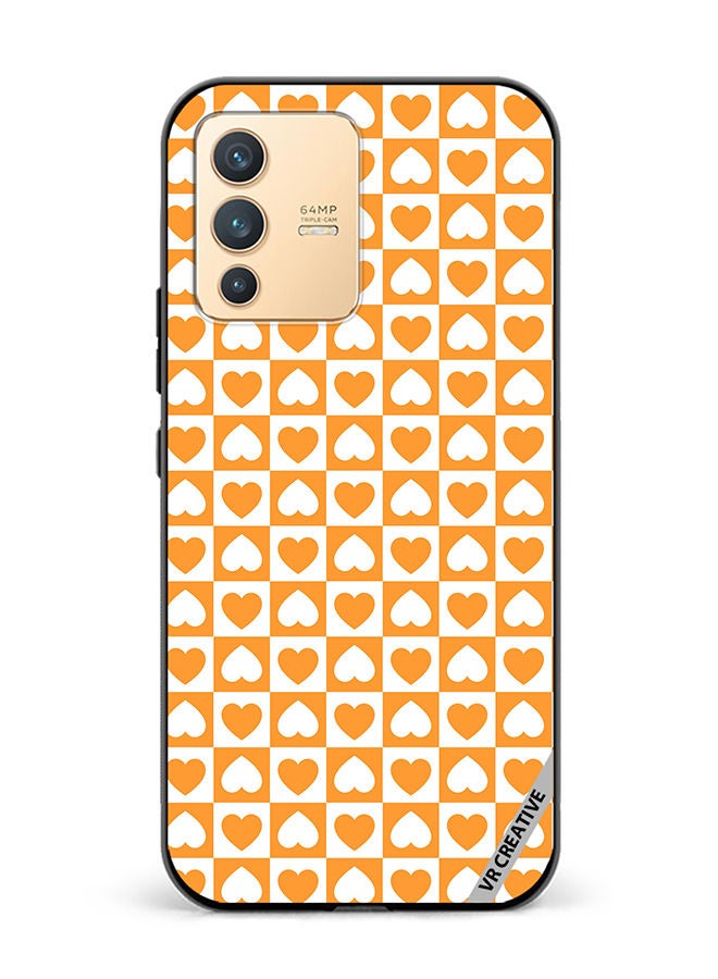 VR CREATIVE Protective Case Cover For Vivo V23 5G Seamless Pattern With White And Orange Checkerboard And Hearts Design Multicolour - Image 1