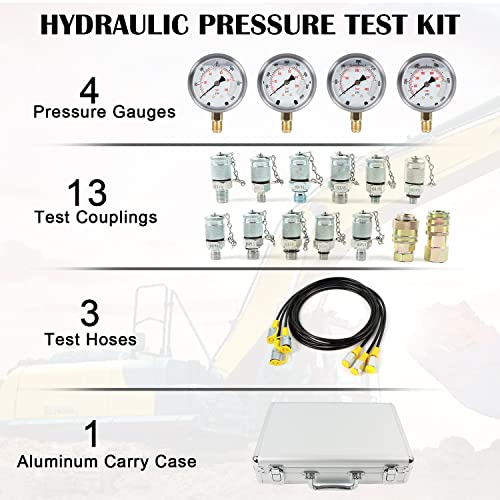 IMELBUFF Hydraulic Pressure Test Kit 100/250/400/600bar, 4 Gauges 13 Couplings 3 Test Hoses Hydraulic Gauge Kit for Excavator Construction Machinery Ships Mine - Image 3