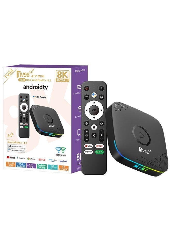 TV98 8K Smart TV Box Android 14 Quad Core ARM Cortex A53 with 2.4G/5G Wifi6 & Remote Set Top Boxes with Illuminated Breathing Light - Image 1