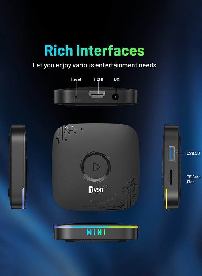 TV98 8K Smart TV Box Android 14 Quad Core ARM Cortex A53 with 2.4G/5G Wifi6 & Remote Set Top Boxes with Illuminated Breathing Light - Image 2