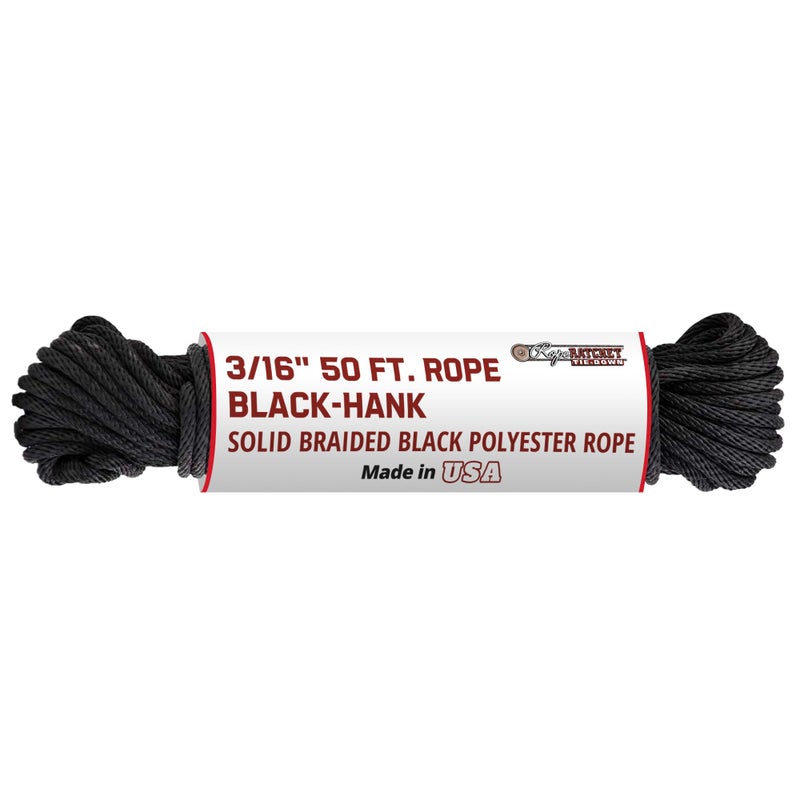 Rope Ratchet حبل راتشيت 3/16" 50 قدم حبل بولي بروبيلين مضفر صلب، ثقيل الوزن، حبل متعدد الاستخدامات مقاوم للعوامل الجوية للتخييم، الربط، التأمين، للاستخدام الداخلي والخارجي، سعة 110 رطل - أسود - Image 1