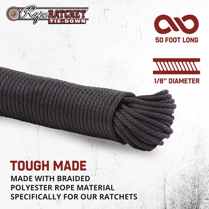 Rope Ratchet حبل راتشيت 3/16" 50 قدم حبل بولي بروبيلين مضفر صلب، ثقيل الوزن، حبل متعدد الاستخدامات مقاوم للعوامل الجوية للتخييم، الربط، التأمين، للاستخدام الداخلي والخارجي، سعة 110 رطل - أسود - Image 2