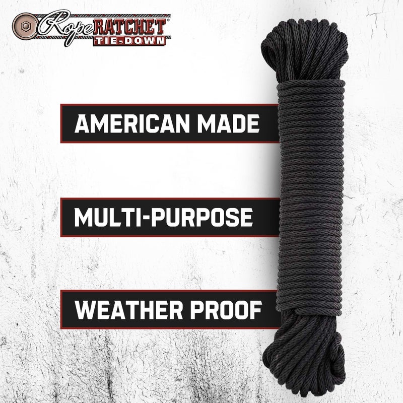 Rope Ratchet حبل راتشيت 3/16" 50 قدم حبل بولي بروبيلين مضفر صلب، ثقيل الوزن، حبل متعدد الاستخدامات مقاوم للعوامل الجوية للتخييم، الربط، التأمين، للاستخدام الداخلي والخارجي، سعة 110 رطل - أسود - Image 3