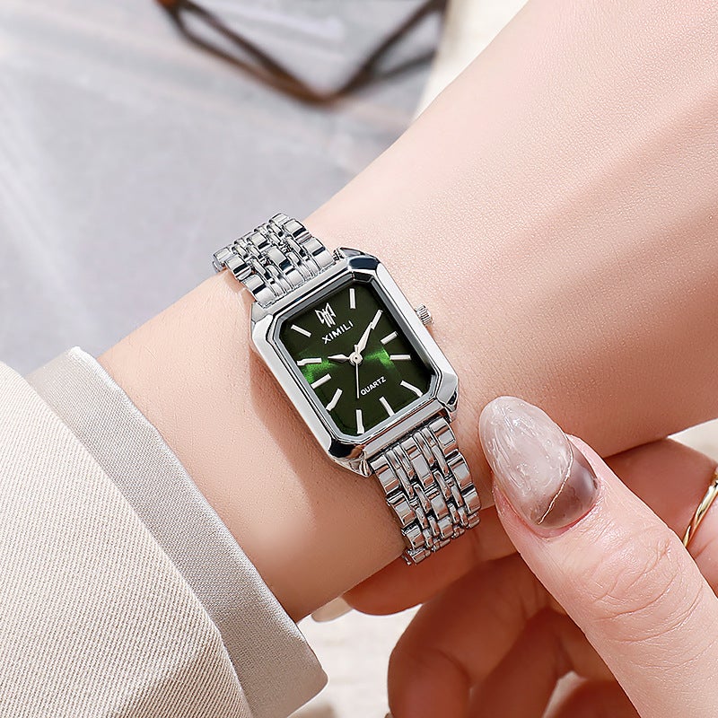 Trendy Ladies Square Watch Simple Quartz Fashion Silver green surface