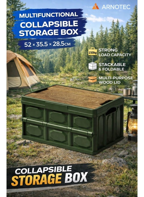 50L Collapsible Storage Box with Wooden Lid (52×35.5×28.5cm), Heavy-Duty Foldable Stackable Storage Bin for Home, Office, Car Trunk & Camping