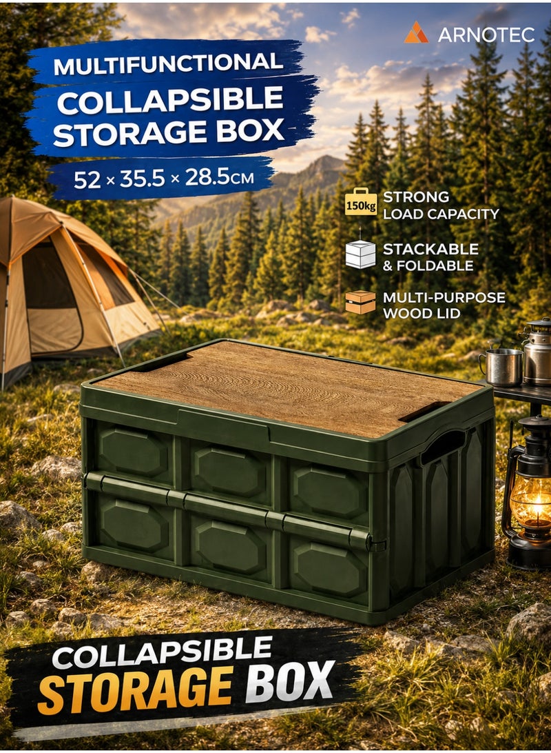 ARNOTEC 50L Collapsible Car Trunk Organizer Storage Box with Wooden Lid (52×35.5×28.5cm), Heavy-Duty Foldable Stackable Storage Bin for Home, Office, Car Trunk & Camping - Image 1