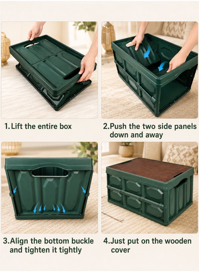 ARNOTEC 50L Collapsible Car Trunk Organizer Storage Box with Wooden Lid (52×35.5×28.5cm), Heavy-Duty Foldable Stackable Storage Bin for Home, Office, Car Trunk & Camping - Image 3
