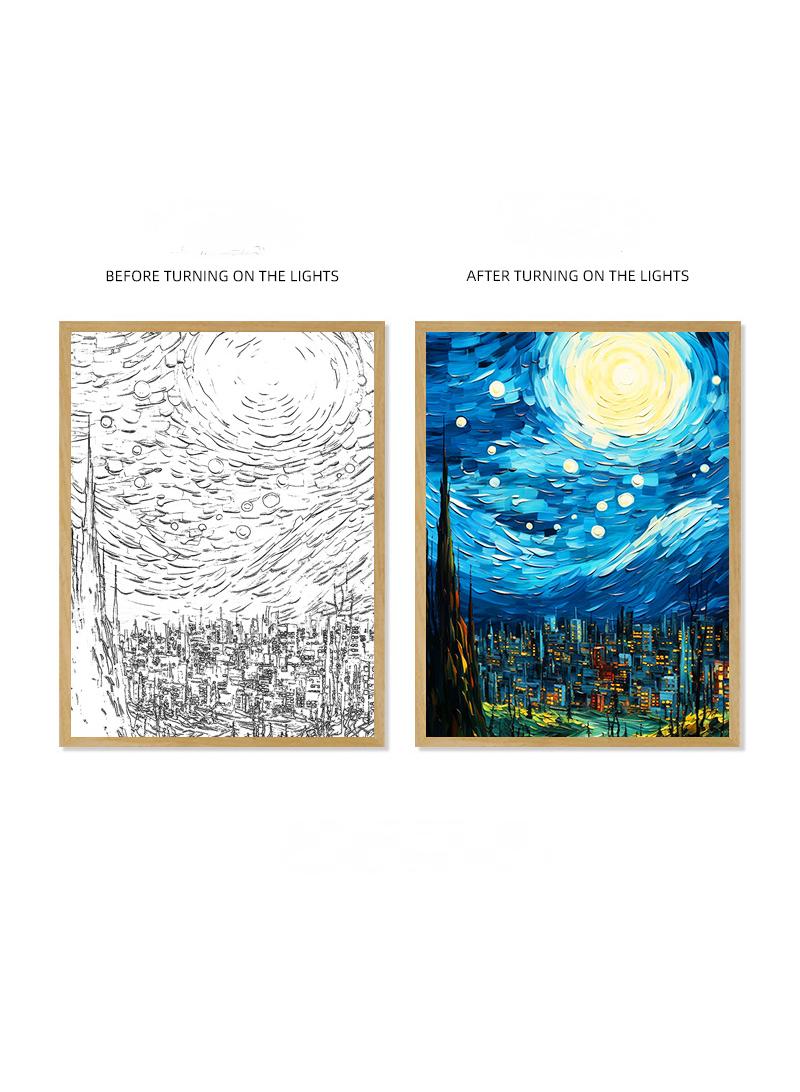 عام فان جوخ ضوء اللوحة الديكور ثلاثي الألوان أدى ضوء اللوحة الجدار الديكور الفن ضوء إطار الصورة أدى ضوء إطار الصورة الأسرة غرفة نوم غرفة المعيشة ضوء الليل - Image 1