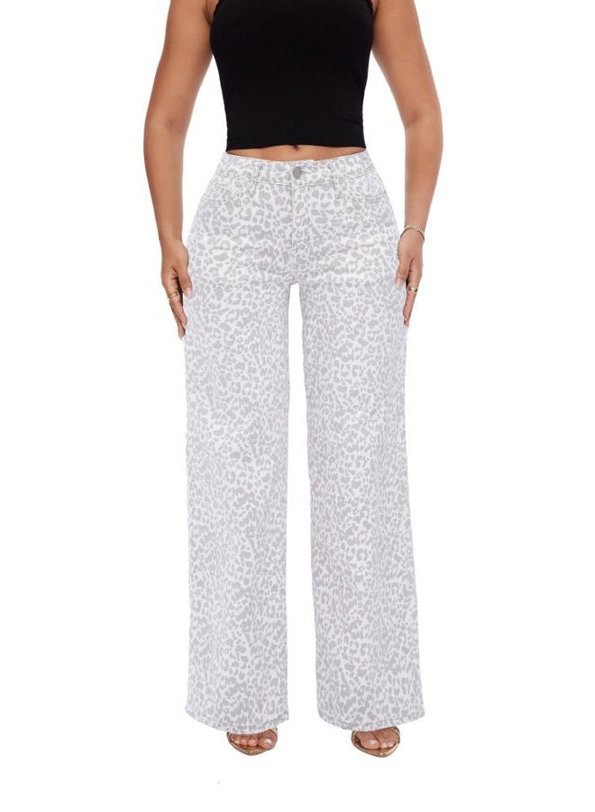 ONESO Mid-Low Rise Baggy Jeans Wide Leg for Women Distressed Pants Stretchy Bottom Lady Basic Comfortable Denim, Mid Low-white Leopard, 30 - Image 1