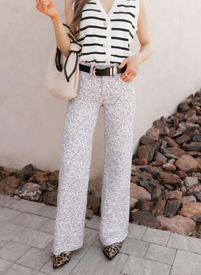ONESO Mid-Low Rise Baggy Jeans Wide Leg for Women Distressed Pants Stretchy Bottom Lady Basic Comfortable Denim, Mid Low-white Leopard, 30 - Image 3