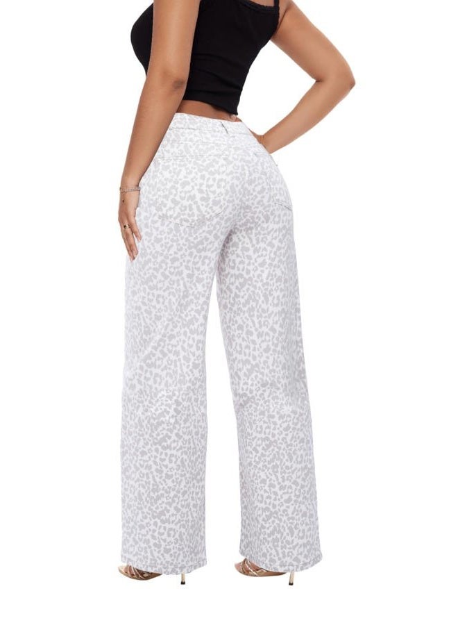 ONESO Mid-Low Rise Baggy Jeans Wide Leg for Women Distressed Pants Stretchy Bottom Lady Basic Comfortable Denim, Mid Low-white Leopard, 30 - Image 4