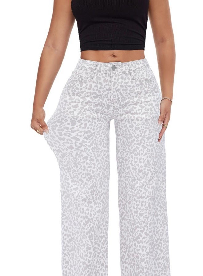 ONESO Mid-Low Rise Baggy Jeans Wide Leg for Women Distressed Pants Stretchy Bottom Lady Basic Comfortable Denim, Mid Low-white Leopard, 30 - Image 2