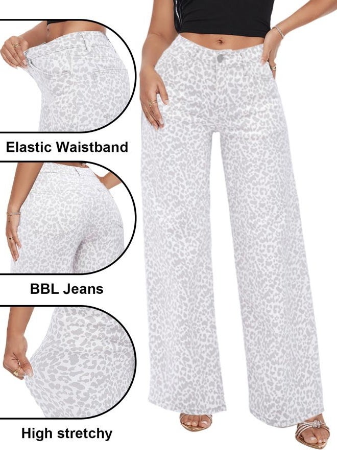 ONESO Mid-Low Rise Baggy Jeans Wide Leg for Women Distressed Pants Stretchy Bottom Lady Basic Comfortable Denim, Mid Low-white Leopard, 30 - Image 5