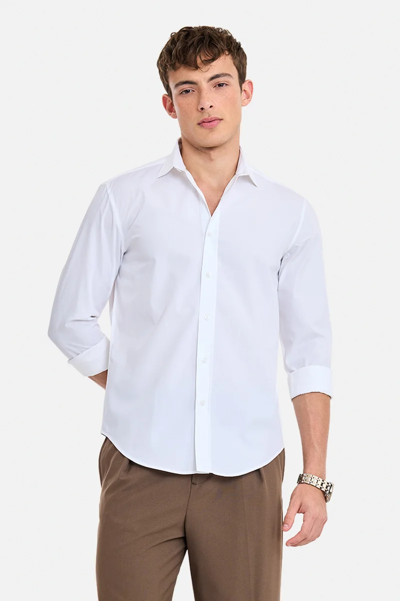 سنيتش White Solid Long Sleeve Regular Fit Shirt