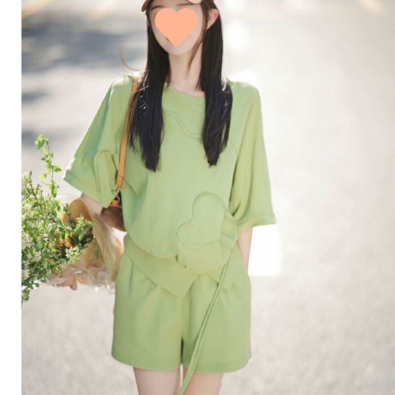 Womens Fashion Casual Sports Avocado Green Short Niche Loose High-Waisted Shorts Two-Piece Set Fruit green (set)