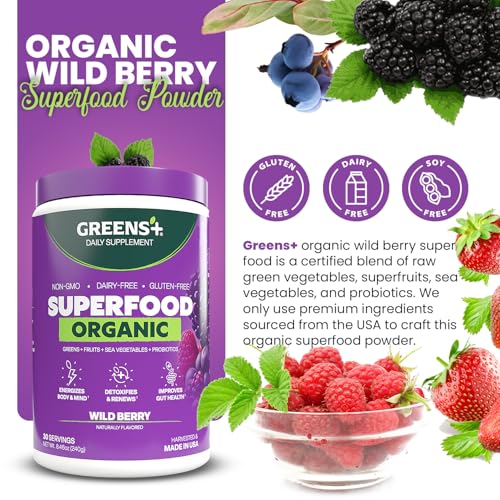 Greens+ Organic Wild Berry Superfood Powder, Antioxidant Polyphenol, Blend for Morning Kick, Energy, Vitality Boost, Nutrition, Vibrant Health, Dietary Supplement, Vegan Soy/Dairy/Gluten Free(8.46oz) - Image 2