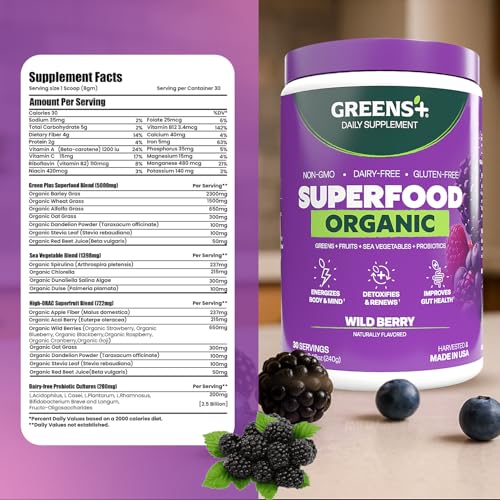 Greens+ Organic Wild Berry Superfood Powder, Antioxidant Polyphenol, Blend for Morning Kick, Energy, Vitality Boost, Nutrition, Vibrant Health, Dietary Supplement, Vegan Soy/Dairy/Gluten Free(8.46oz) - Image 5