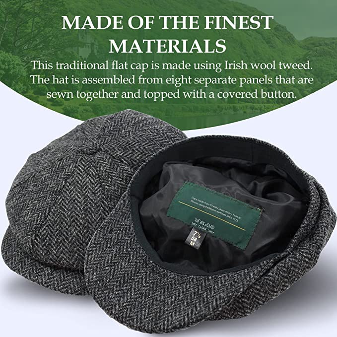 Biddy Murphy Newsboy Hat for Men Irish Flat Cap 100% Wool Tweed, Herringbone, Made in Ireland, Small Brown - Image 2