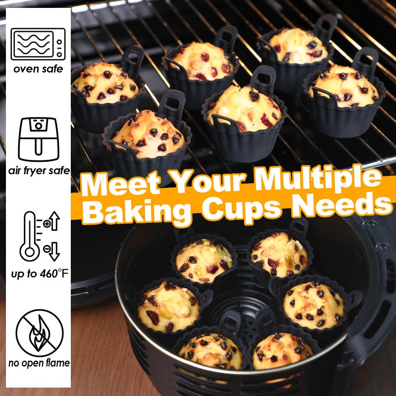 Koluti Reusable Silicone Baking Cups Set of 12, Nonstick Muffin Cupcakes Mold with Double Handle, BPA Free, Mini Round Air Fryer Cupcake Liners, Black - Image 3