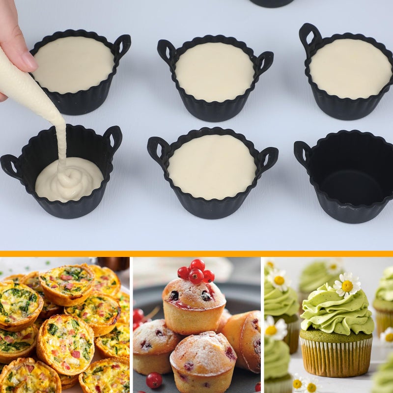 Koluti Reusable Silicone Baking Cups Set of 12, Nonstick Muffin Cupcakes Mold with Double Handle, BPA Free, Mini Round Air Fryer Cupcake Liners, Black - Image 5